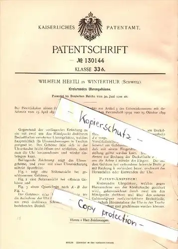 Original Patent - Wilhelm Hertli in Winterthur , 1900 , Gehäuse für Uhren , Uhrmacher !!!