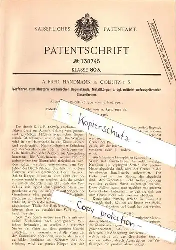 Original Patent - Alfred Handmann in Colditz i.S., 1902 , Mustern von Keramik mit Glasur !!!
