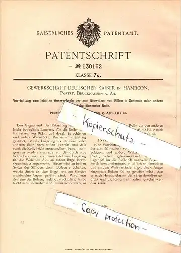 Original Patent - Gewerkschaft Deutscher Kaiser in Hamborn , Post Bruckhausen a. Rhein , 1901 , Schienenbau , Duisburg