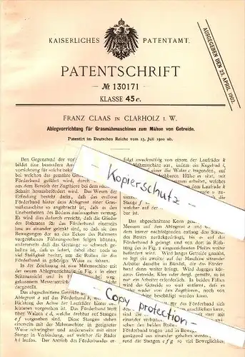 Original Patent - Franz Claas in Clarholz / Herzebrock i.W. , 1900 , Grasmähmaschine , Landwirtschaft , Agrar !!!