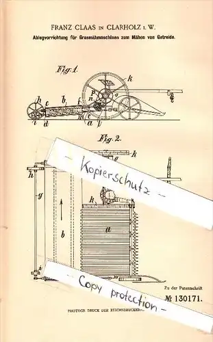Original Patent - Franz Claas in Clarholz / Herzebrock i.W. , 1900 , Grasmähmaschine , Landwirtschaft , Agrar !!!