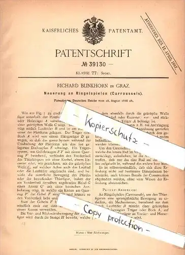 Original Patent - Richard Blinkhorn in Graz , 1886 , Neuerung an Karussels , carousel , carrousel , Karussell !!!