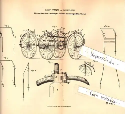Original Patent - Josef Estner in Rosenheim  , 1888 , Vierrad aus zusammengesetzten Fahrrädern , Fahrrad , bicycle !!!