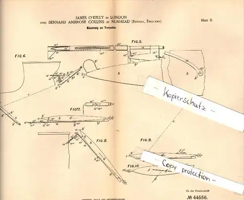 Original Patent - B.A. Collins in Nunhead , 1887 , Innovation in torpedoes , Torpedo , London !!!