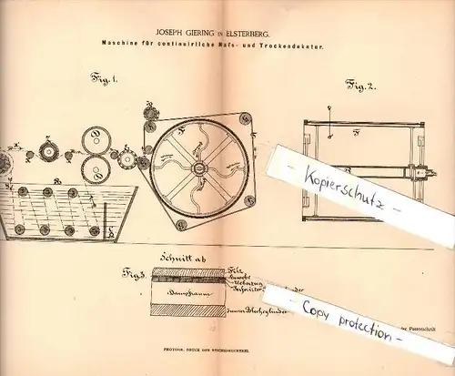 Original Patent - Joseph Giering in Elsterberg , 1886 , Maschine für Trockendekatur , Gewebe , Textilien !!!