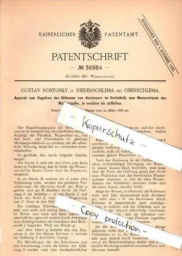 Original Patent - Gustav Rostosky in Niederschlema b. Oberschlema , 1886 , Apparat für Abwasser , Bad Schlema !!!