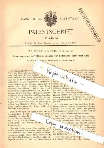 Original Patent - F.L. Ebert in Scheibe b. Neuhaus am Rennweg , 1888 , Filtrierapparat für keimfreie Luft !!!