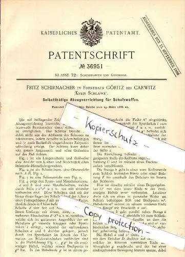 Original Patent - F. Schirmacher in Göritz / Gorzyca b. Carwitz / Karwice , 1886 , Abzug Für Gewehr , Schlawe / Slawno !