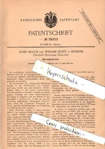 Original Patent - John Heath und W. Frost in Burslem , England , 1886 , explosive cartridge , ammunition , munitions !!!