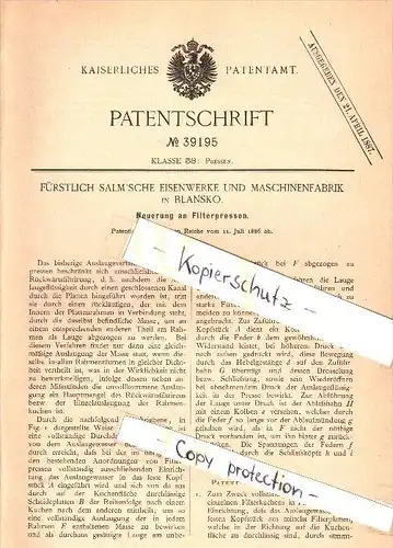 Original Patent - Fürstlich Salm`sche Eisenwerke in Blansko / Blanz , 1886 , Filterpresse , Presse !!!