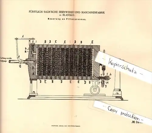 Original Patent - Fürstlich Salm`sche Eisenwerke in Blansko / Blanz , 1886 , Filterpresse , Presse !!!