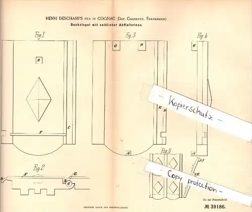 Original Patent - Henri Deschamps à Cognac , Charente , 1886 , Carreaux avec gouttière , Couvreurs !!!