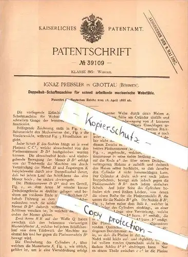 Original Patent - Ignaz Preissler in Grottau / Hrádek nad Nisou , 1886 , Schaftmaschine für Webstuhl , Weberei !!!