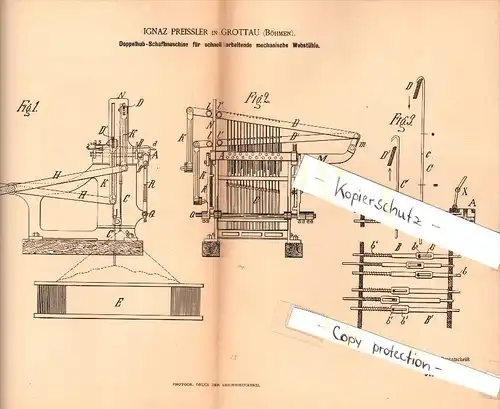 Original Patent - Ignaz Preissler in Grottau / Hrádek nad Nisou , 1886 , Schaftmaschine für Webstuhl , Weberei !!!