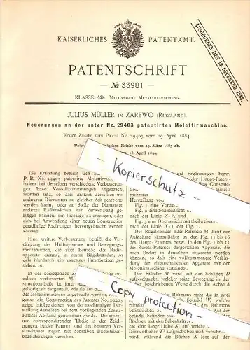 Original Patent - Jens Müller in Zarewo , Russland , 1885 , Molettiermaschine , Metallbau !!!