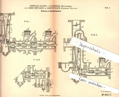 Original Patent - E. Davies in Llandinam / Llanidloes and James Metcalfe in Aberystwyth , 1888 , steam injectors , pump