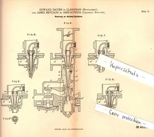 Original Patent - E. Davies in Llandinam / Llanidloes and James Metcalfe in Aberystwyth , 1888 , steam injectors , pump