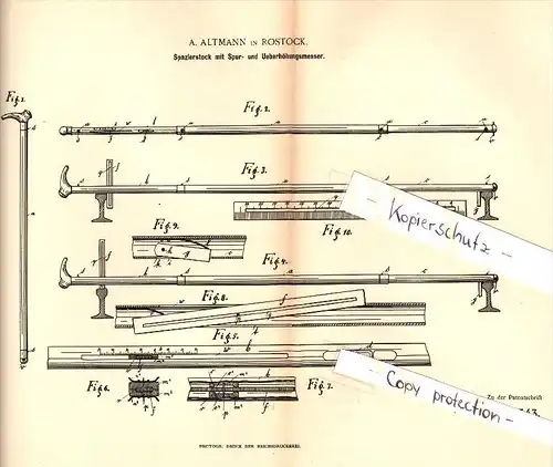 Original Patent - A. Altmann in Rostock in Mecklenburg , 1891, Spazierstock mit Spurmesser für Gleise , Eisenbahn , Spur