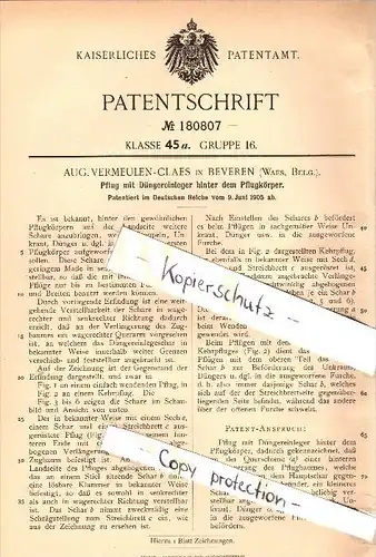 Original Patent - A. Vermeulen-Claes in Beveren , 1905 , Pflug für Landwirtschaft , Agrar , Waes , Belgien  !!!