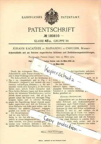 Original Patent - Johann Kacafirek in Nassaberg / Nasavrky  b. Chrudim , 1906 , Ackerschleife , Agrar !!!