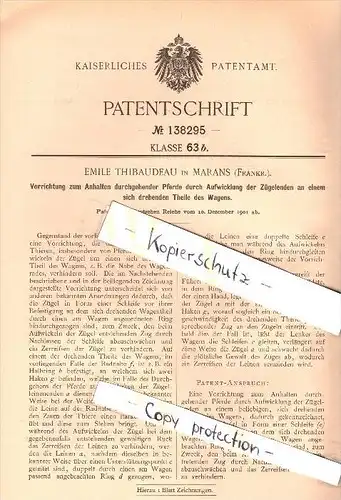 Original Patent - E. Thibaudeau à Marans , 1901, Dispositif d'arrêt pour animaux continus , chevaux , Charente Maritime
