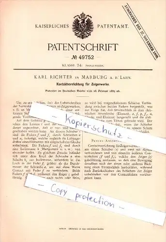 Original Patent - Karl Richter in Marburg a.d. Lahn , 1889 ,  Kontaktvorrichtung für Zeigerwerke , Signalwesen !!!