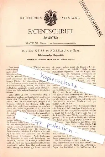 Original Patent - Julius Weiss in Roßlau a. d. Elbe , 1889 , Mehrtrommlige Kugelmühle , Mühlen !!!