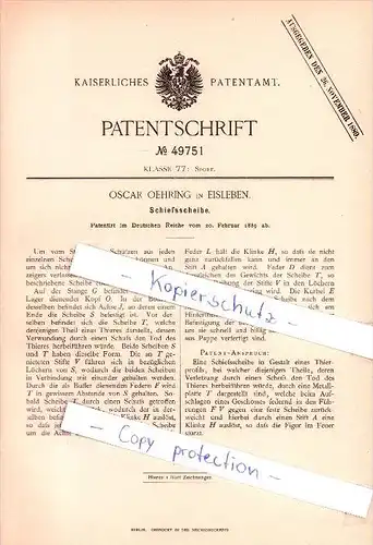 Original Patent - Oskar Oehring in Eisleben , 1889 , Schießscheibe , Sport , Schützenzunft , Schießen !!!