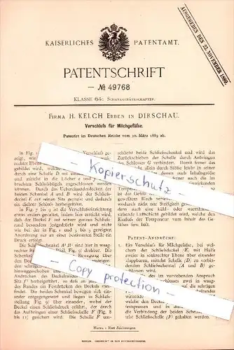 Original Patent - Firma H. Kelch Erben in Dirschau / Tczew , 1889 , Verschluß für Milchgefäße !!!