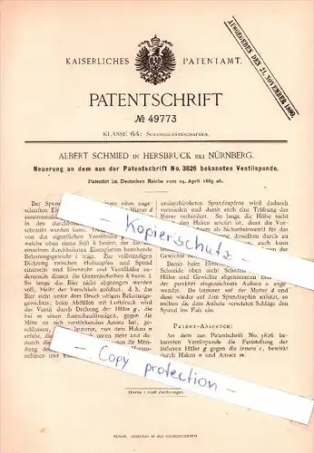Original Patent - Albert Schmied in Hersbruck bei Nürnberg ,1889 , Schankgeräthschaften !!!