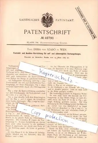 Original Patent - Emma von Szabo in Wien , 1889 , Vorrichtung für Vorhänge , Haushalt !!!