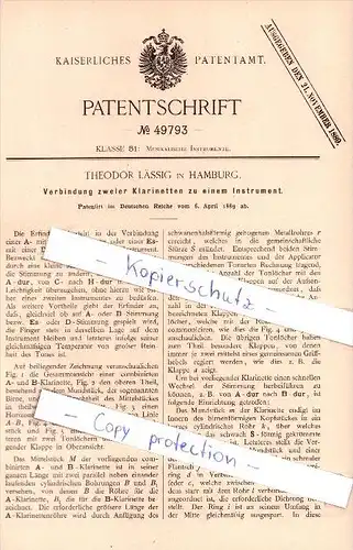 Original Patent - Theodor Lässig in Hamburg , 1889 , Musikinstrumente !!!