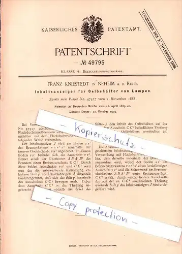 Original Patent - Franz Kniestedt in Neheim a.d. Ruhr , 1889 , Anzeiger für Lampen , Leuchten , Beleuchtung  !!!