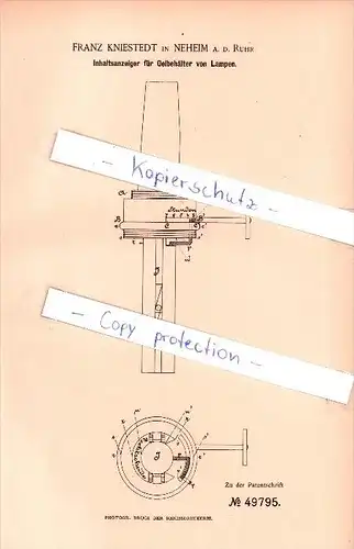 Original Patent - Franz Kniestedt in Neheim a.d. Ruhr , 1889 , Anzeiger für Lampen , Leuchten , Beleuchtung  !!!