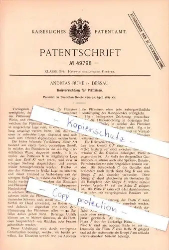 Original Patent - Andreas Buhe in Dessau , 1889 , Heizvorrichtung für Plätteisen !!!