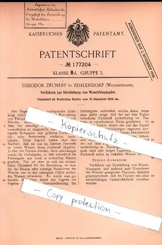 Original Patent - Theodor Zeunert in Zehlendorf b. Berlin , 1905 , Herstellung von Waschblaupapier , Wannseebahn !!!