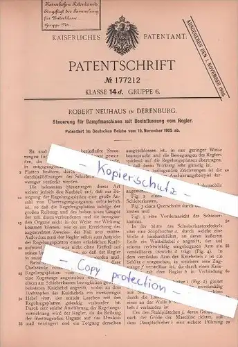 Original Patent - Robert Neuhaus in Derenburg b. Blankenburg , 1905 , Steuerung von Dampfmaschinen !!!