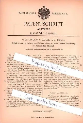 Original Patent - Paul Kindler in Aussig / Usti nad Labem , Böhmen , 1906 , Herstellung von Kochgeschirren !!!