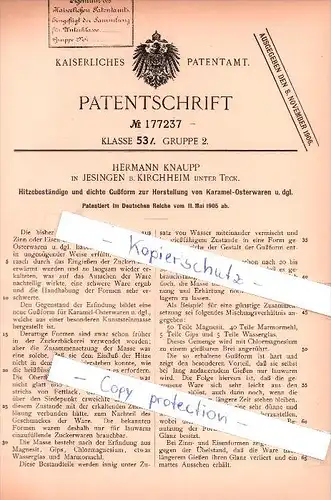 Original Patent - H. Knaupp in Jesingen b. Kirchheim unter Teck , 1905 ,  Herstellung von Karamel - Osterwaren , Ostern