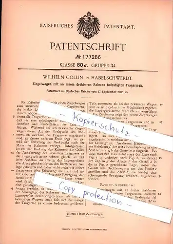 Original Patent - Wilhelm Gollin in Habelschwerdt / Bystrzyca Klodzka , 1905 , Ziegelwagen mit Tragarmen !!!