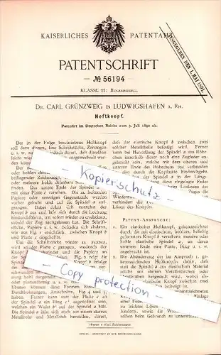 Original Patent - Dr. Carl Grünzweig in Ludwigshafen a. Rh. , 1890 , Heftknopf , Buchbinderei !!!
