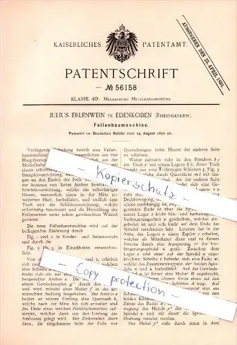 Original Patent - Julius Erlenwein in Edenkoben , 1890 , Feilenhaumaschine , Maschinenbau , Metallbau !!!