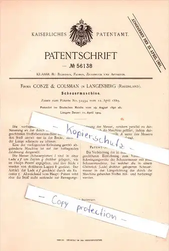 Original Patent - Conze & Colsman in Langenberg b. Velbert , 1890 , Scheuermaschine , Bleichen , Färben !!!