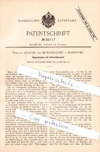 Original Patent - Agathe von Münchhausen in Hannover , 1890 , Sattlerei und Wagenbau !!!
