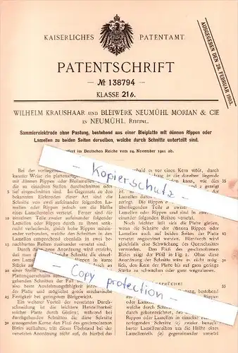 Original Patent -  Wilhelm Kraushaar und bleiwerk Neumühl Morian & Cie , 1901 , Sammelelektrode !!!