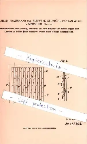 Original Patent - W. Kraushaar , Bleiwerk Morian & Cie in Neumühl  , 1901 , Sammelelektrode , Duisburg !!!