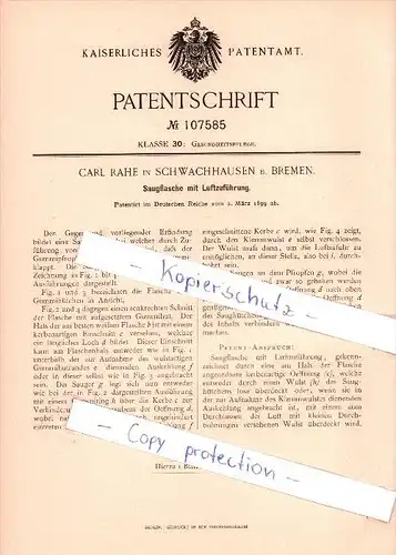 Original Patent - Carl Rahe in Schwachhausen b. Bremen , 1899 , Saugflasche , Gesundheitspflege , Arzt !!!