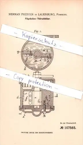 Original Patent - Herman Priester in Lauenburg / Lebork , Pommern , 1897 , Türschliesser , Schlosserei !!!