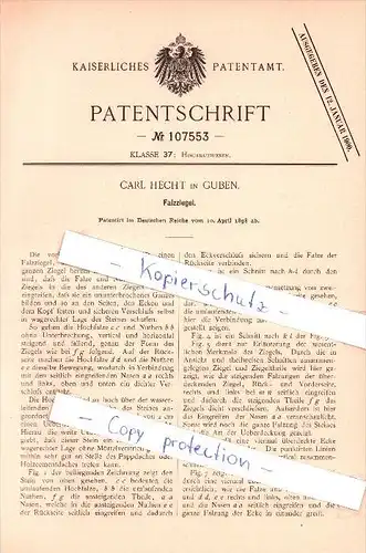 Original Patent - Carl Hecht in Guben , 1898 , Falzziegel , Dachziegel , Hochbau , Dachdecker , Dach !!!