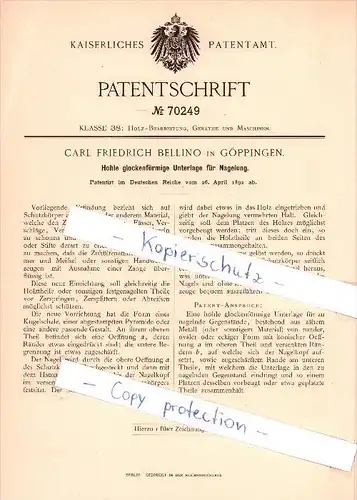Original Patent - Carl Friedrich Bellino in Göppingen , 1892 , Holz - Bearbeitung , Geräthe und Maschinen !!!